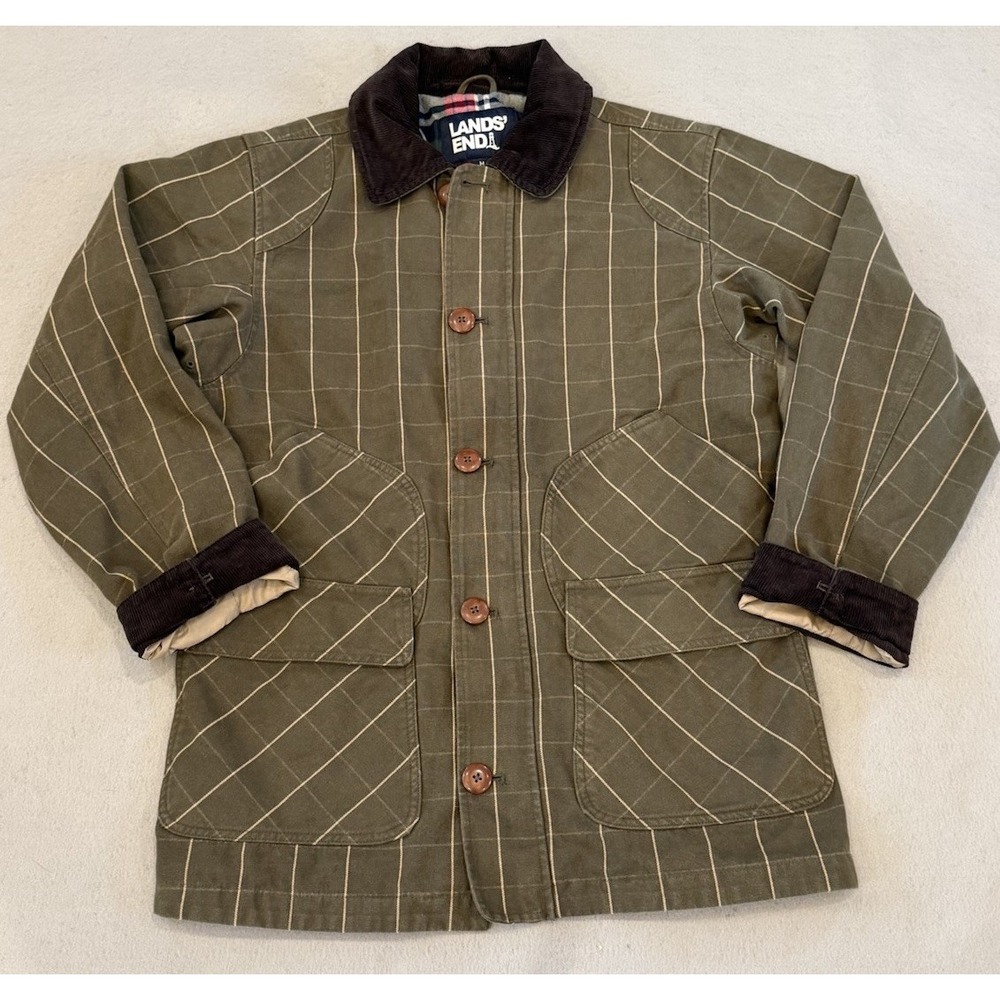 Lands End Chore Barn Coat Olive Windowpane Jacket Partial Blanket Lined Canvas M